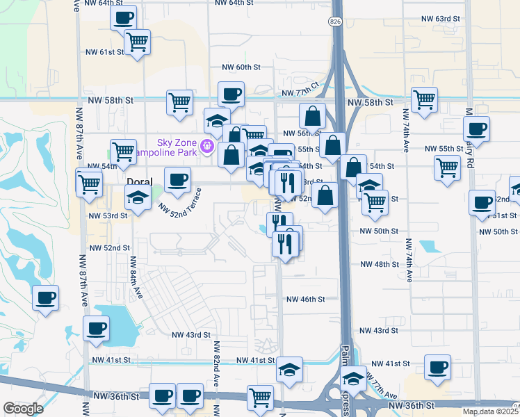 map of restaurants, bars, coffee shops, grocery stores, and more near 5020 Northwest 79th Avenue in Doral