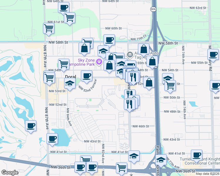 map of restaurants, bars, coffee shops, grocery stores, and more near 5231 Geneva Court in Doral