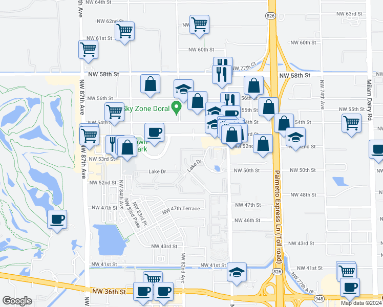 map of restaurants, bars, coffee shops, grocery stores, and more near 5231 Geneva Court in Doral