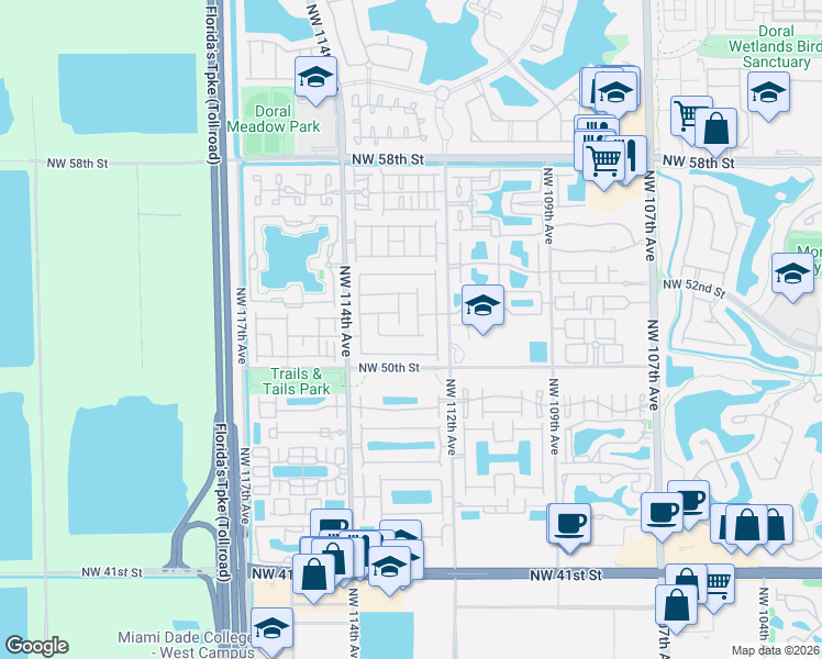 map of restaurants, bars, coffee shops, grocery stores, and more near 11249 Northwest 50th Terrace in Doral