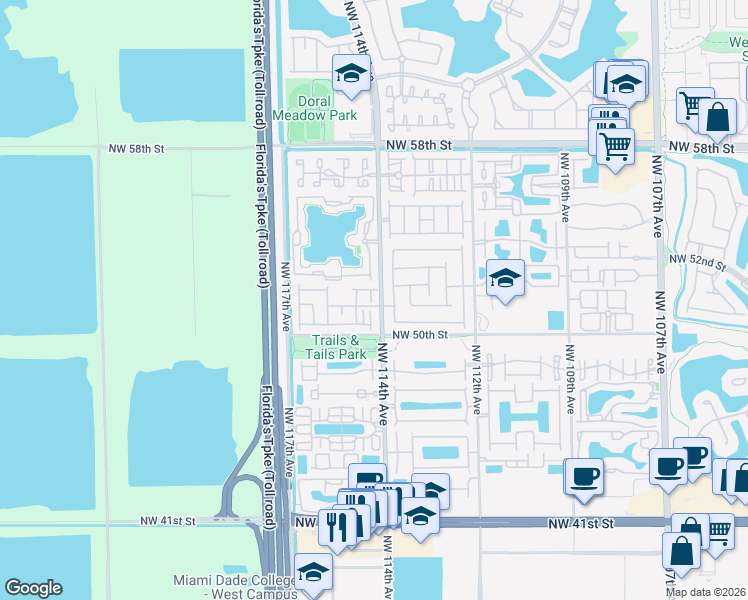 map of restaurants, bars, coffee shops, grocery stores, and more near 5041 Northwest 114th Court in Doral
