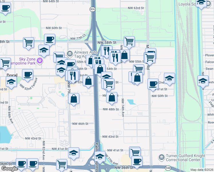 map of restaurants, bars, coffee shops, grocery stores, and more near 5055 NW 77th Ave in Doral