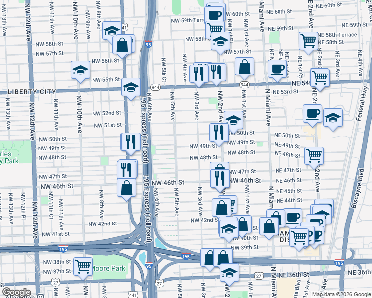 map of restaurants, bars, coffee shops, grocery stores, and more near 4755 Northwest 5 Avenue in Miami