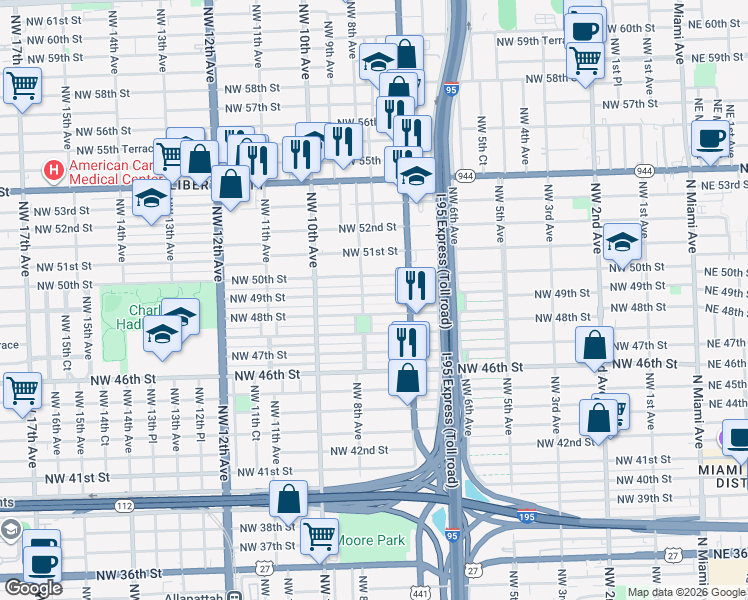 map of restaurants, bars, coffee shops, grocery stores, and more near 770 Northwest 50th Street in Miami
