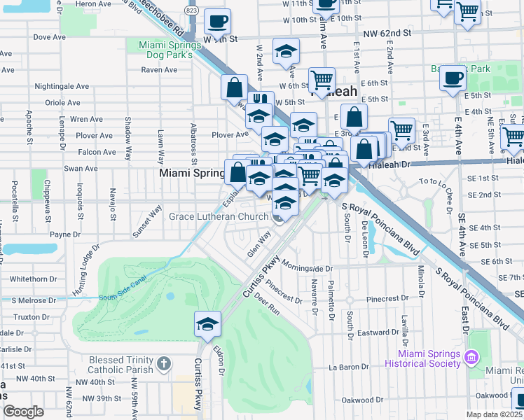 map of restaurants, bars, coffee shops, grocery stores, and more near 260 Westward Drive in Miami Springs