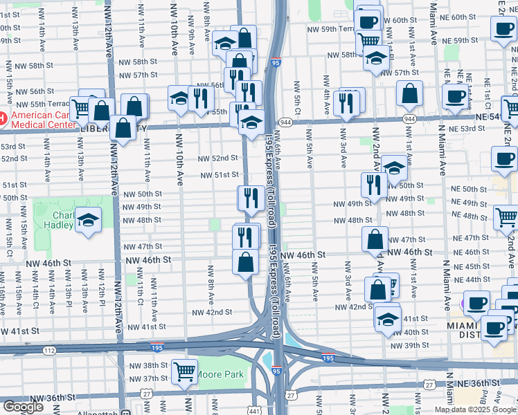 map of restaurants, bars, coffee shops, grocery stores, and more near 650 Northwest 50th Street in Miami
