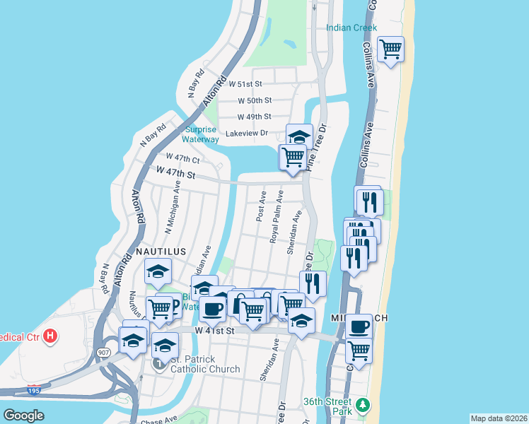 map of restaurants, bars, coffee shops, grocery stores, and more near 605 West 46th Street in Miami Beach