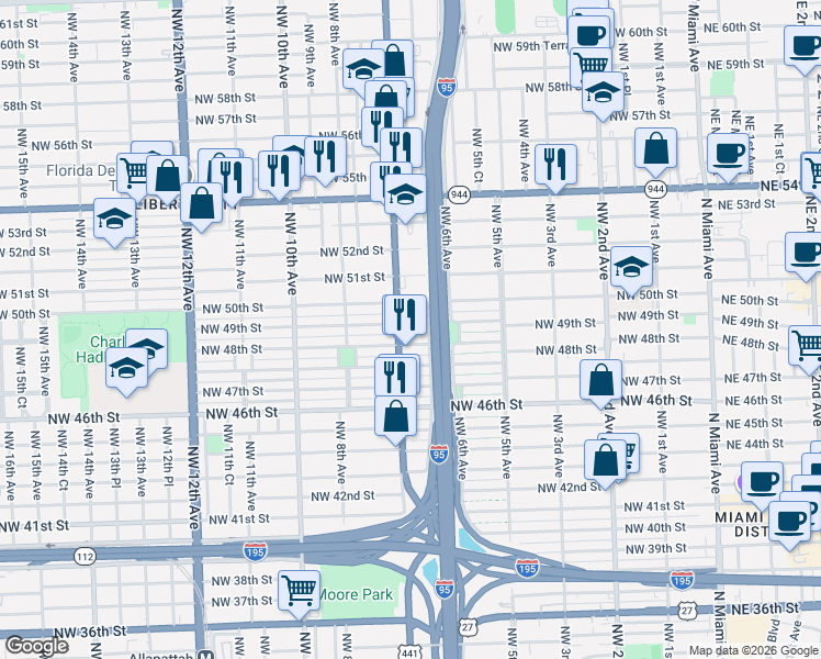map of restaurants, bars, coffee shops, grocery stores, and more near in Miami