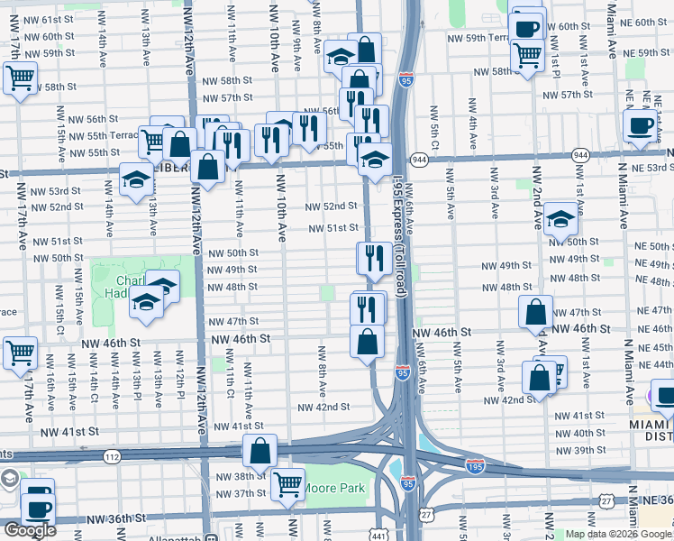 map of restaurants, bars, coffee shops, grocery stores, and more near 770 Northwest 50th Street in Miami