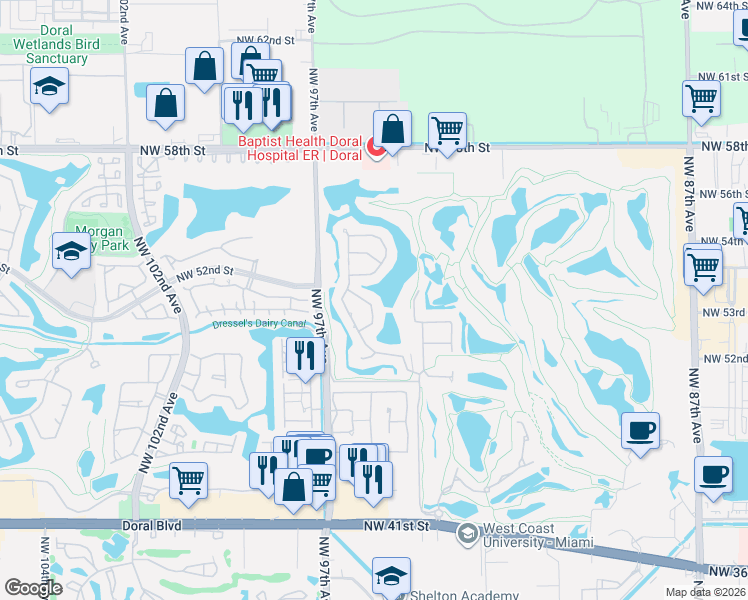 map of restaurants, bars, coffee shops, grocery stores, and more near 9408 Northwest 54th Doral Circle Lane in Doral
