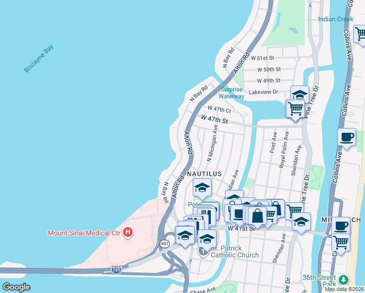 map of restaurants, bars, coffee shops, grocery stores, and more near 4535 Alton Road in Miami Beach