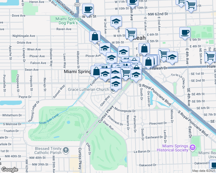 map of restaurants, bars, coffee shops, grocery stores, and more near in Miami Springs