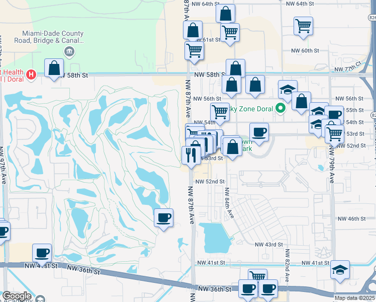 map of restaurants, bars, coffee shops, grocery stores, and more near 5300 Northwest 87th Avenue in Doral