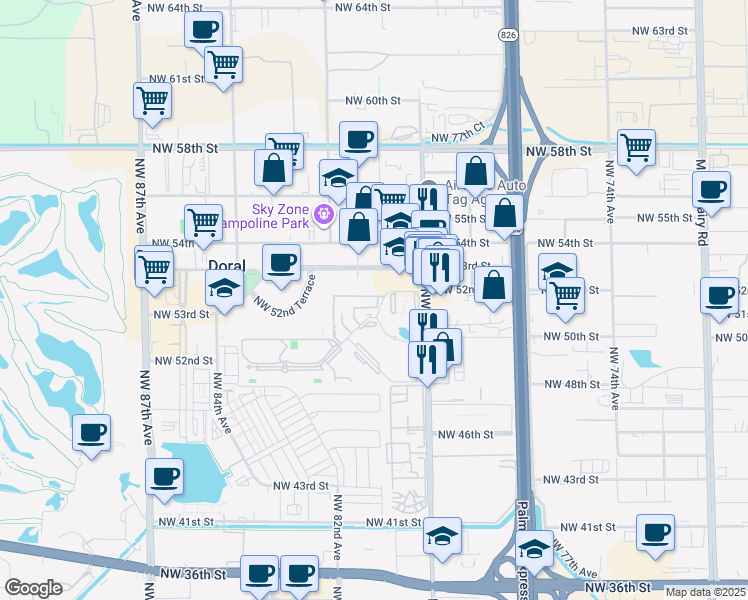 map of restaurants, bars, coffee shops, grocery stores, and more near 8070 Northwest 53rd Street in Miami