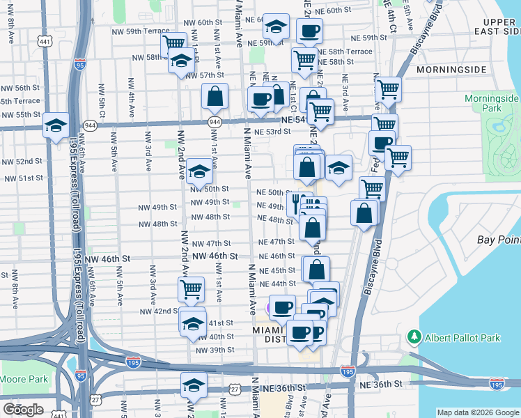 map of restaurants, bars, coffee shops, grocery stores, and more near 60 Northeast 50th Street in Miami