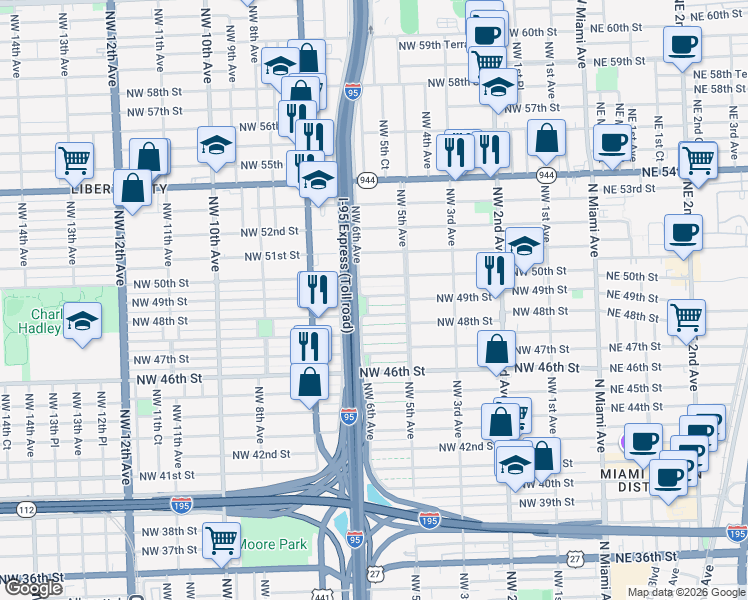 map of restaurants, bars, coffee shops, grocery stores, and more near 552 Northwest 50th Street in Miami