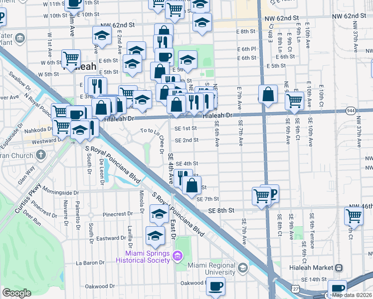 map of restaurants, bars, coffee shops, grocery stores, and more near 436 Southeast 2nd Street in Hialeah