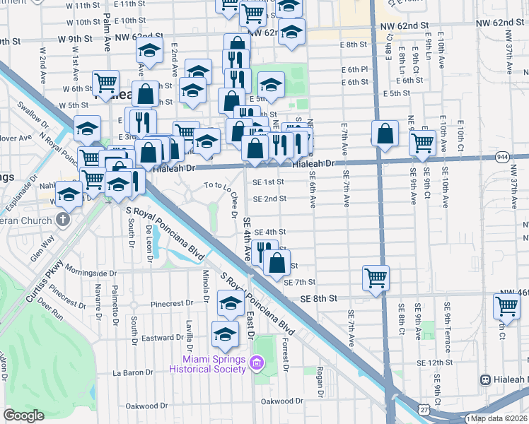 map of restaurants, bars, coffee shops, grocery stores, and more near 436 Southeast 2nd Street in Hialeah