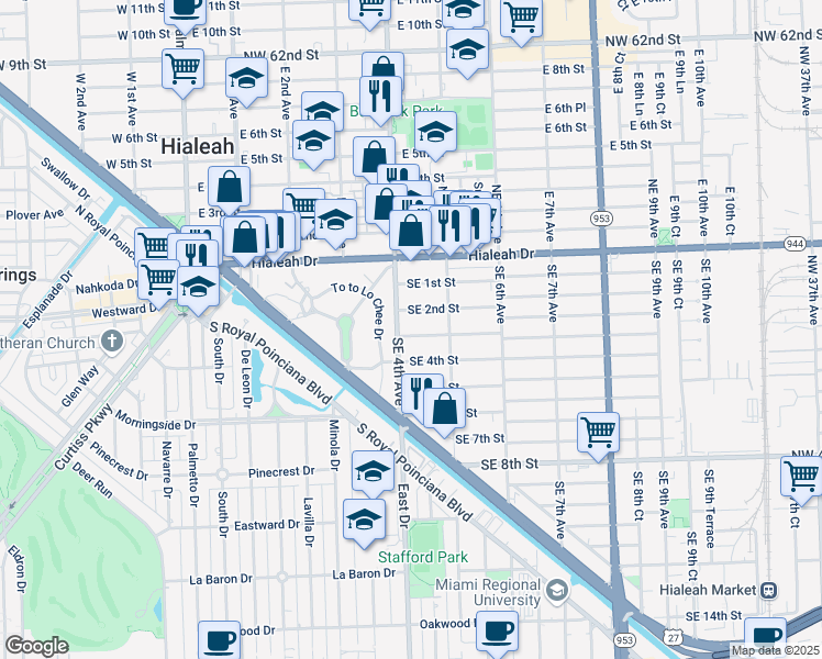 map of restaurants, bars, coffee shops, grocery stores, and more near 436 Southeast 2nd Street in Hialeah