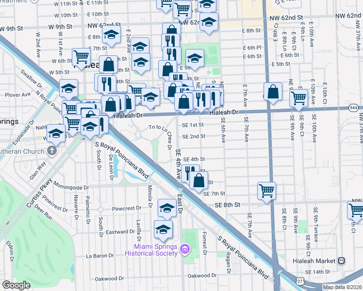 map of restaurants, bars, coffee shops, grocery stores, and more near 436 Southeast 2nd Street in Hialeah