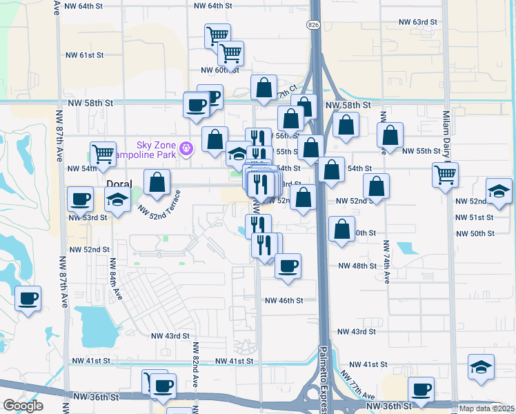 map of restaurants, bars, coffee shops, grocery stores, and more near 5209 Northwest 79th Avenue in Doral