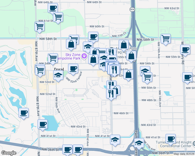map of restaurants, bars, coffee shops, grocery stores, and more near 8070 Northwest 53rd Street in Miami