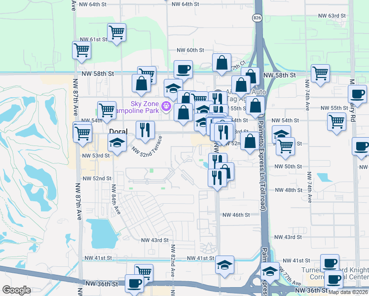 map of restaurants, bars, coffee shops, grocery stores, and more near 8070 Northwest 53rd Street in Miami