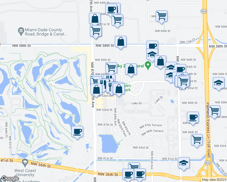 map of restaurants, bars, coffee shops, grocery stores, and more near 8410 Northwest 53rd Terrace in Doral