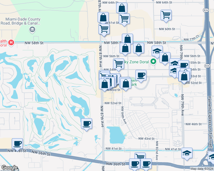 map of restaurants, bars, coffee shops, grocery stores, and more near 8600 Northwest 53rd Terrace in Miami