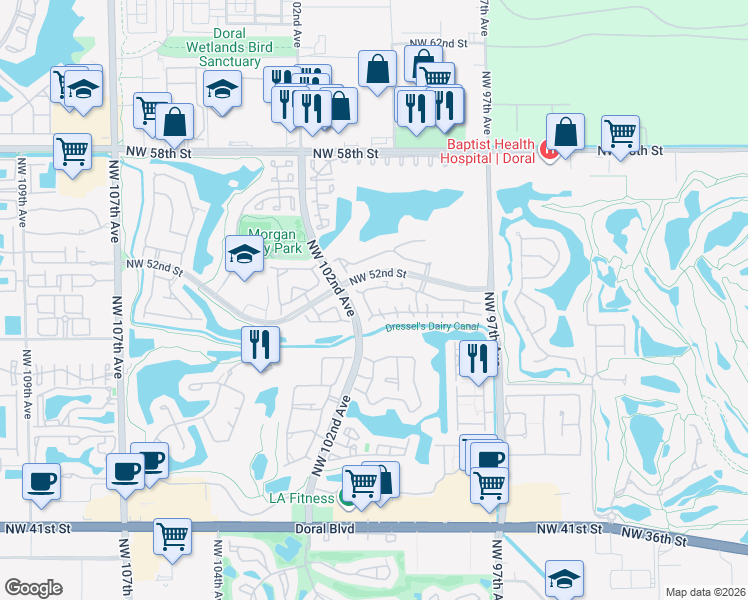 map of restaurants, bars, coffee shops, grocery stores, and more near 10151 Northwest 51st Lane in Doral