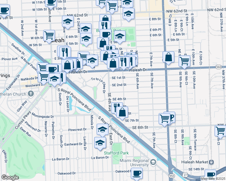map of restaurants, bars, coffee shops, grocery stores, and more near 436 Southeast 2nd Street in Hialeah