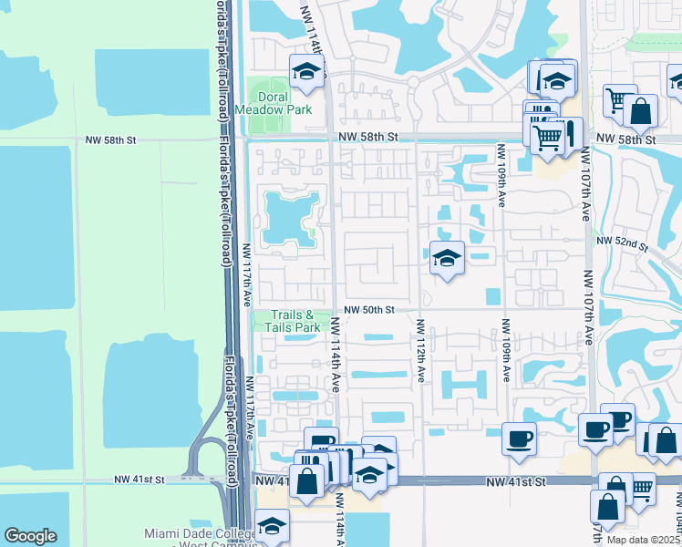 map of restaurants, bars, coffee shops, grocery stores, and more near 5144 Northwest 113th Place in Doral