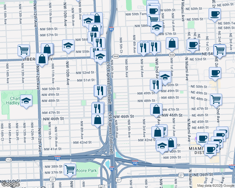 map of restaurants, bars, coffee shops, grocery stores, and more near 552 Northwest 50th Street in Miami