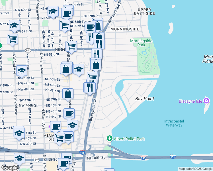 map of restaurants, bars, coffee shops, grocery stores, and more near 560 Bay Point Road in Miami