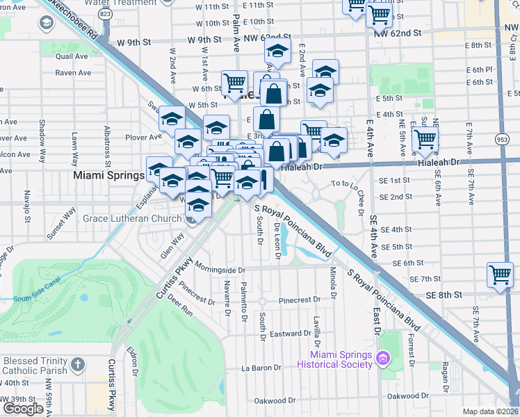 map of restaurants, bars, coffee shops, grocery stores, and more near 95 Hook Square in Miami Springs
