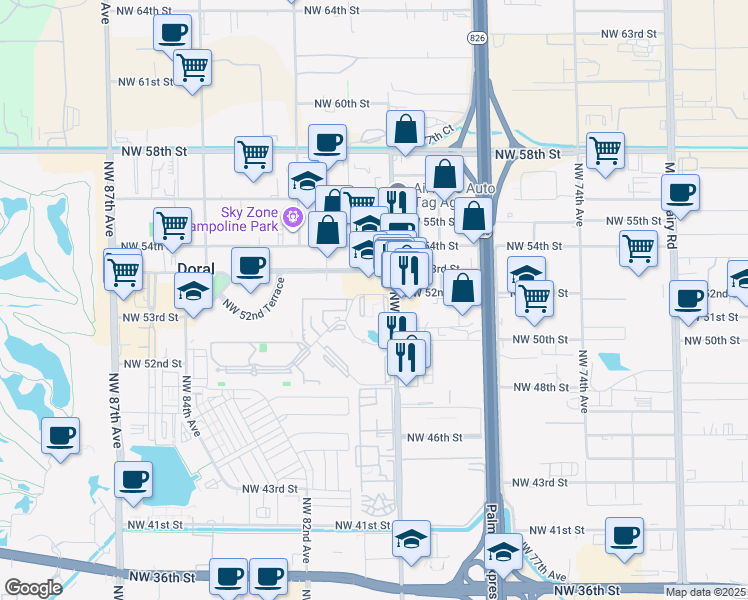 map of restaurants, bars, coffee shops, grocery stores, and more near 134 Lake Drive in Doral