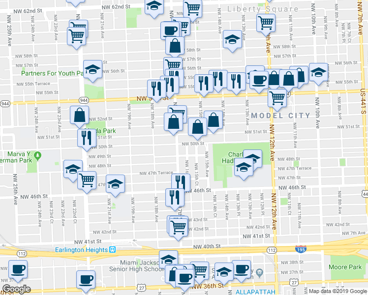map of restaurants, bars, coffee shops, grocery stores, and more near 1705 Northwest 50th Street in Miami