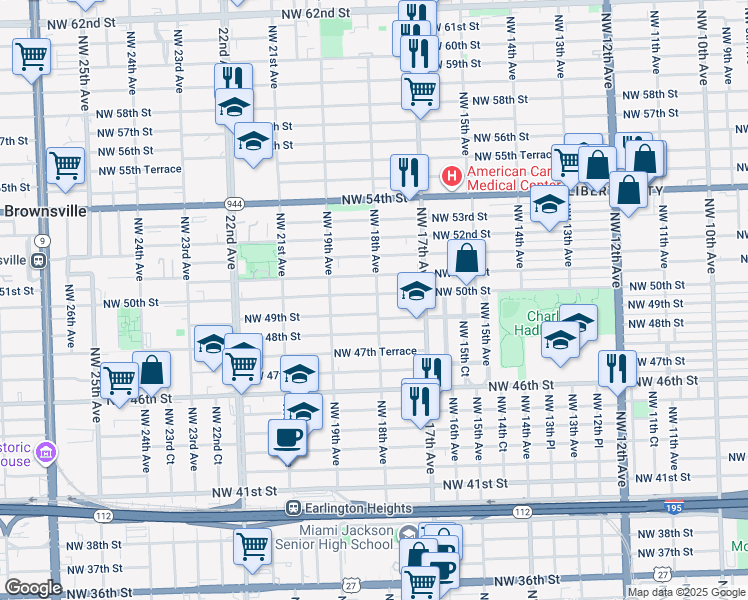 map of restaurants, bars, coffee shops, grocery stores, and more near 1775 Northwest 50th Street in Miami