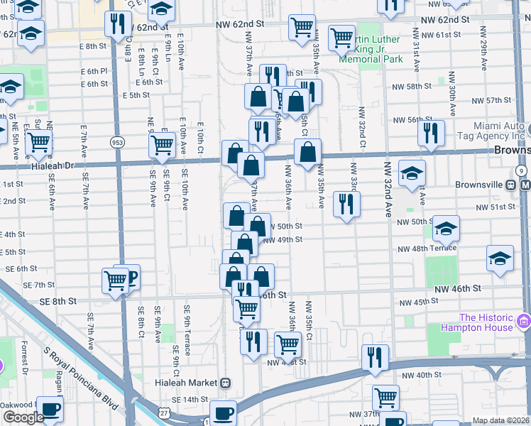 map of restaurants, bars, coffee shops, grocery stores, and more near 3601-3699 NW 51st St in Miami