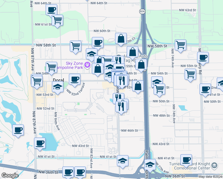 map of restaurants, bars, coffee shops, grocery stores, and more near 134 Lake Drive in Doral