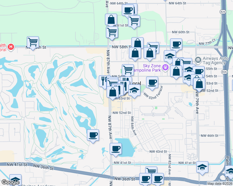 map of restaurants, bars, coffee shops, grocery stores, and more near 8600 Northwest 53rd Terrace in Miami
