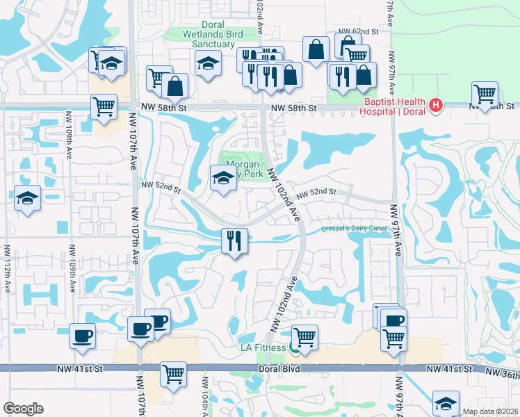 map of restaurants, bars, coffee shops, grocery stores, and more near 10249 Northwest 52nd Terrace in Doral