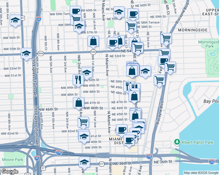 map of restaurants, bars, coffee shops, grocery stores, and more near 12 Northeast 49th Street in Miami