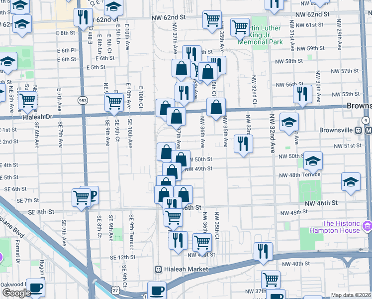 map of restaurants, bars, coffee shops, grocery stores, and more near 3601-3699 NW 51st St in Miami