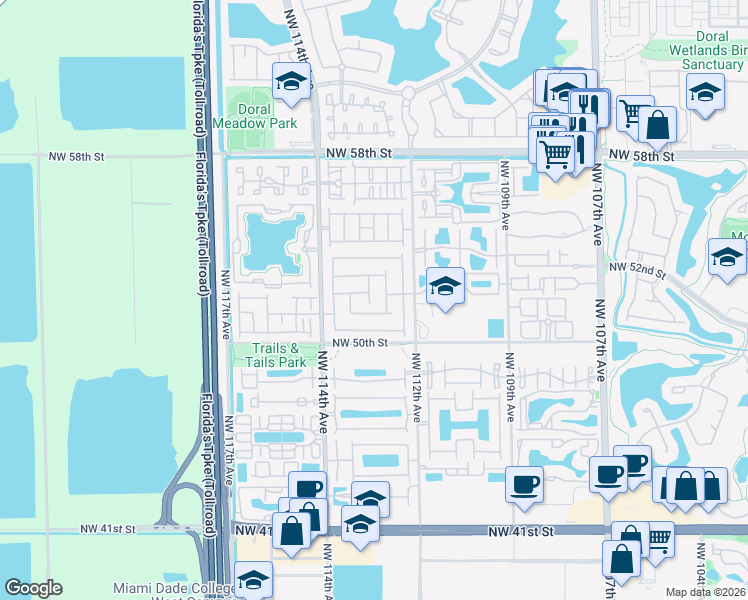 map of restaurants, bars, coffee shops, grocery stores, and more near 5213 Northwest 112th Place in Doral