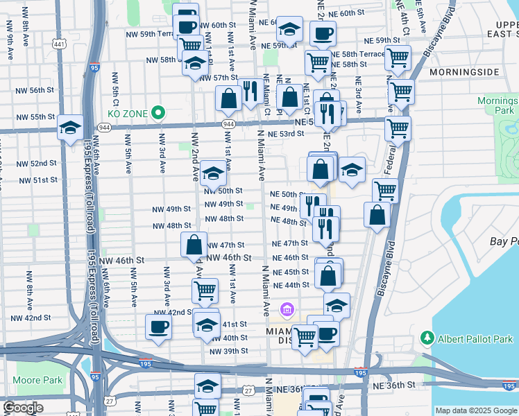 map of restaurants, bars, coffee shops, grocery stores, and more near 13 Northwest 49th Street in Miami