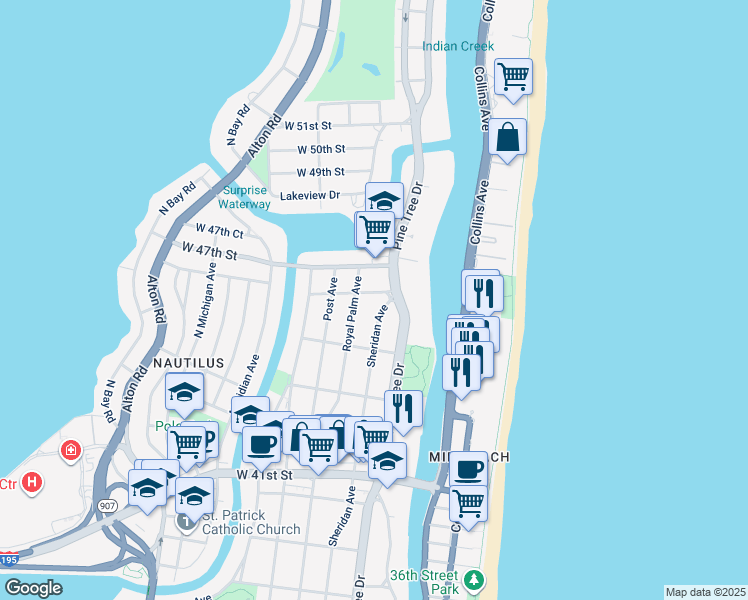 map of restaurants, bars, coffee shops, grocery stores, and more near 351 West 46th Street in Miami Beach