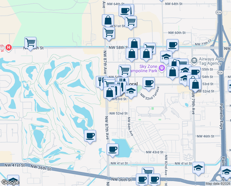 map of restaurants, bars, coffee shops, grocery stores, and more near 8600 Northwest 53rd Terrace in Miami