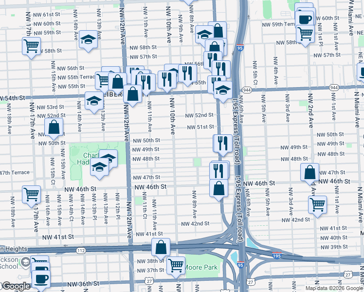 map of restaurants, bars, coffee shops, grocery stores, and more near 900 Northwest 50th Street in Miami