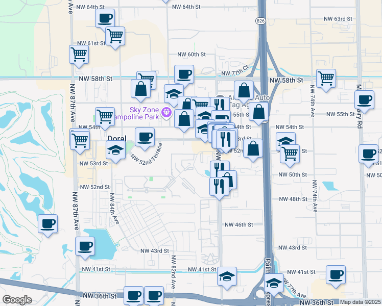 map of restaurants, bars, coffee shops, grocery stores, and more near 8070 Northwest 53rd Street in Miami